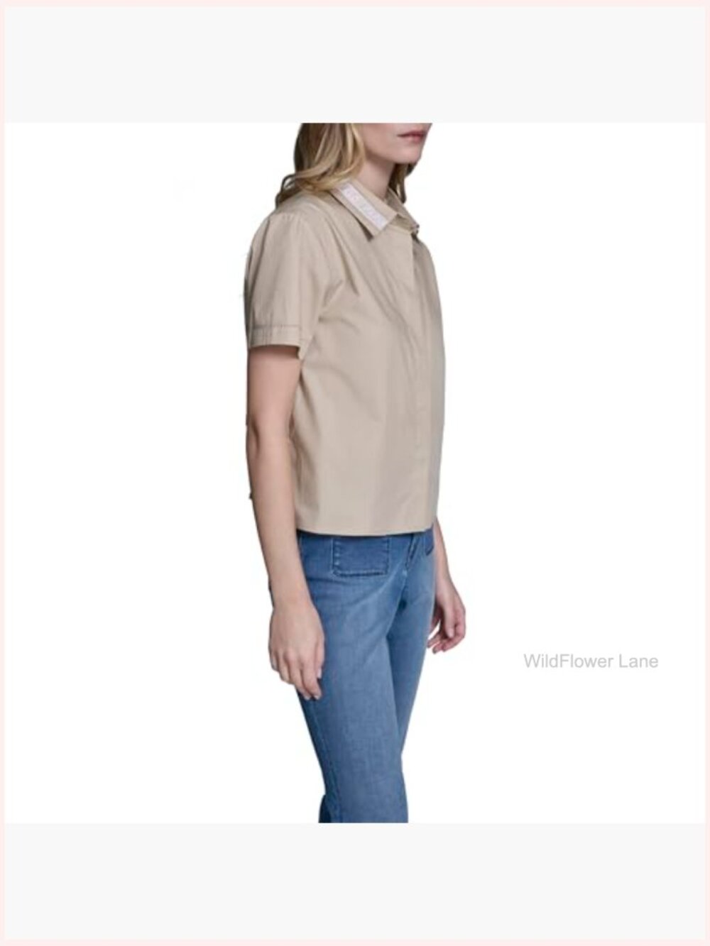 Short Sleeve Gold Bead Collar Button Down Cropped Blouse - Picture 2 of 6
